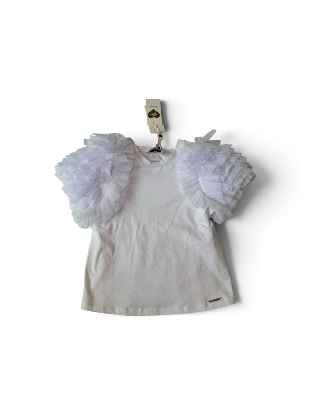 NWT Twinset White Tulle Sleeve T-Shirt (Size 10)